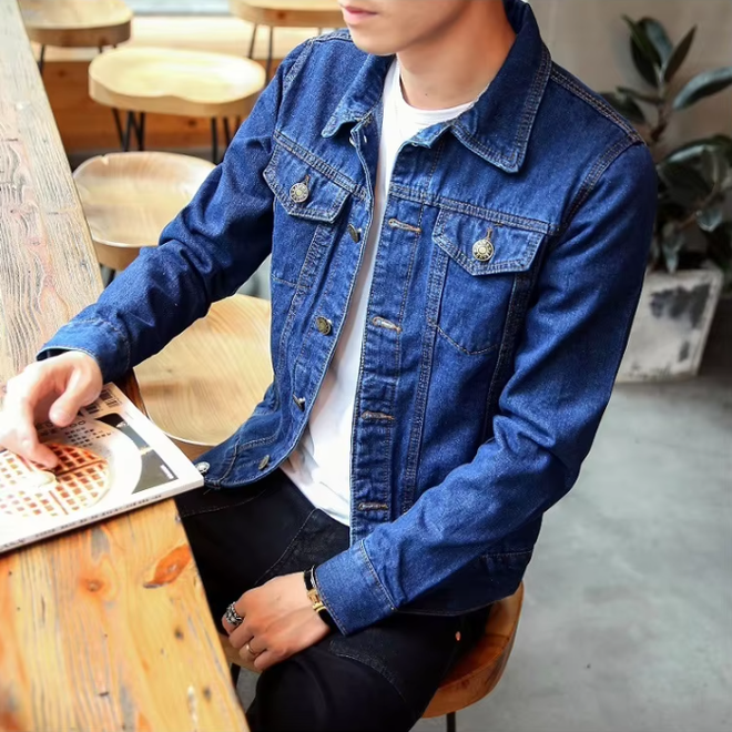 Wholesale 2 Pcs of Men Casual Solid Color Lapel Single Breasted Denim Jacket