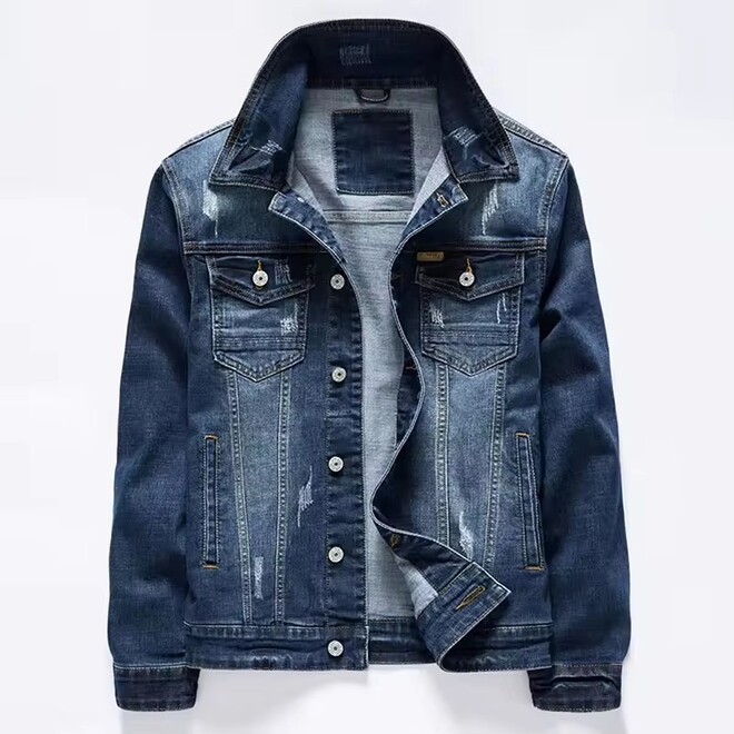 Mens Slim Fit Blue Ripped Edging Denim Jacket