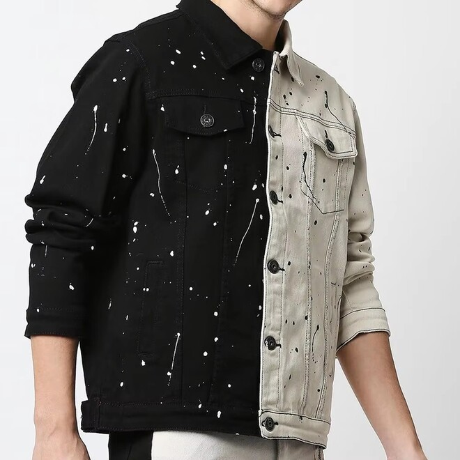 Fashionable Mens Patchwork Dots Pattern Denim Jacket for Autumn