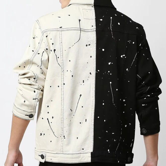 Fashionable Mens Patchwork Dots Pattern Denim Jacket for Autumn