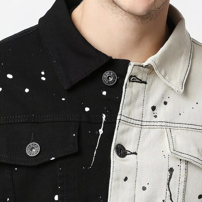 Fashionable Mens Patchwork Dots Pattern Denim Jacket for Autumn