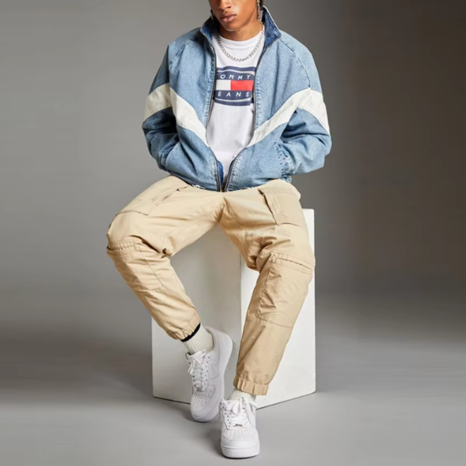 Stand Up Collar Men Baggy With White V Shape Panel Blue Cotton Track Denim Jacket