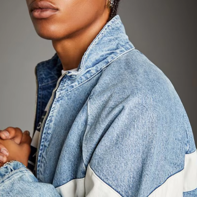Stand Up Collar Men Baggy With White V Shape Panel Blue Cotton Track Denim Jacket