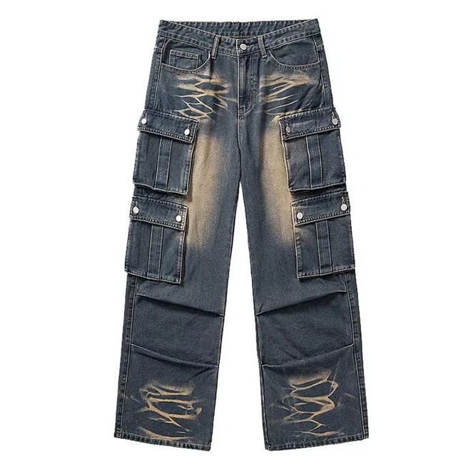 Light Washed Wide Straight Leg Baggy Cargo Jeans
