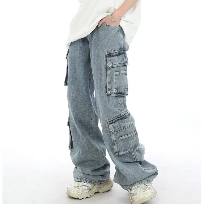 Men Straight Loose Hip Hop Denim Cargo Pants