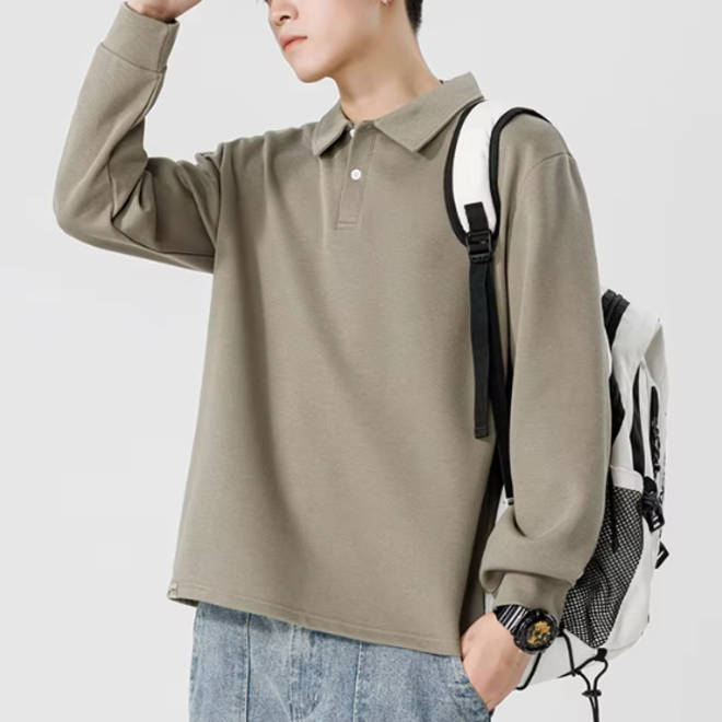 Mens Trendy Solid Korean Style Long Sleeve Polo Shirts