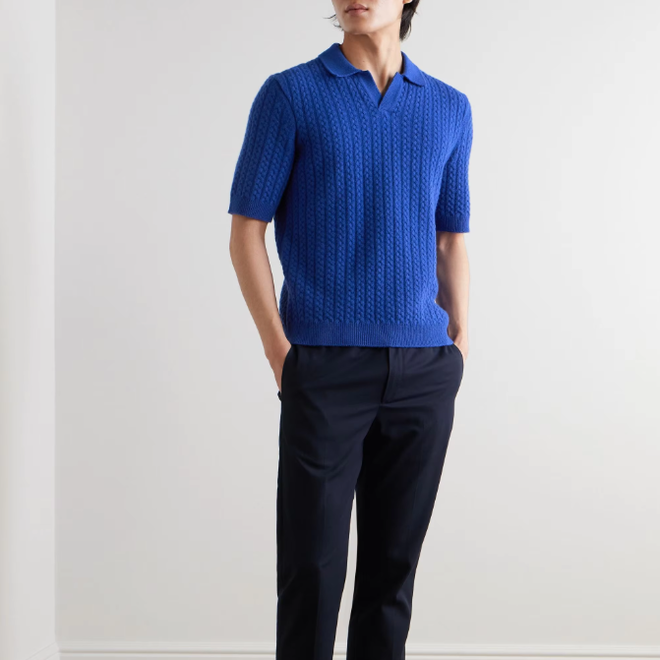 Mens Knitted Short Sleeve Hollow Out Vintage Polo Shirt