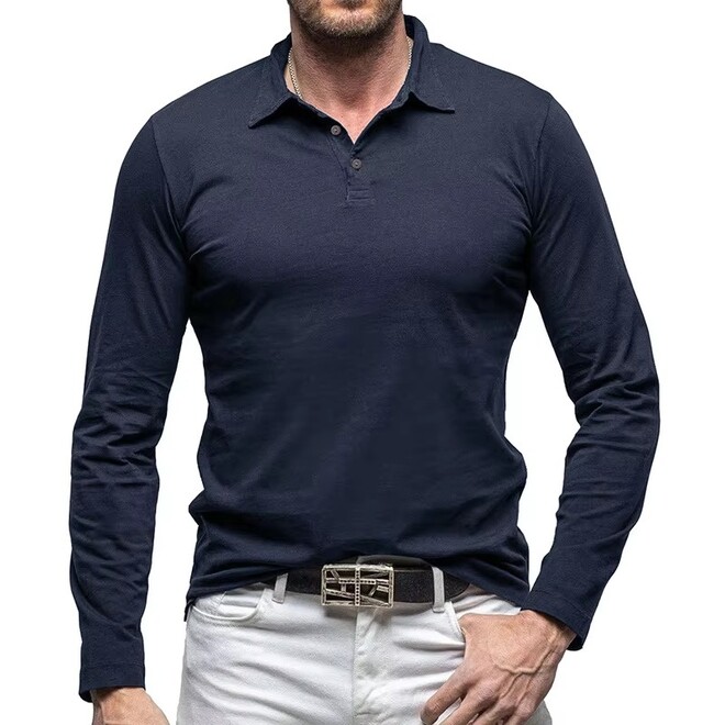 Mens Casual Cotton Long Sleeved Polo Shirt
