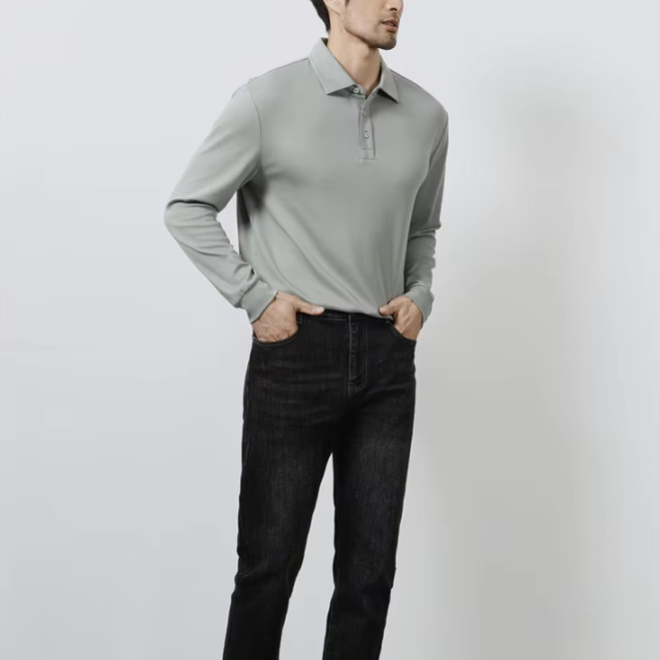 High Bottom Long Sleeved Cotton Polo Shirts for Men