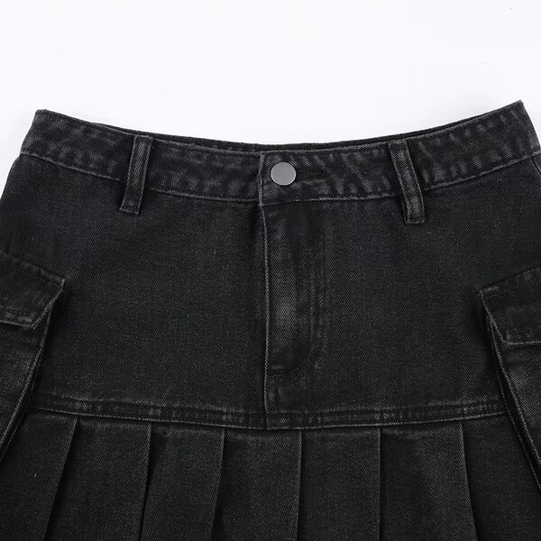Black Denim High Waist Pleated Skirt