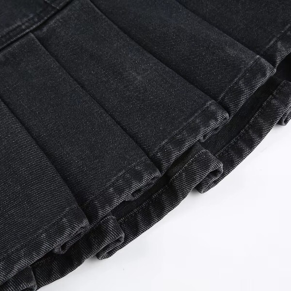 Black Denim High Waist Pleated Skirt